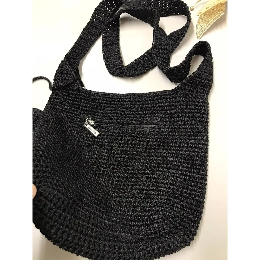 Divine Small Handmade Crocheted Crossbody with Attached Coin Purse Black 10